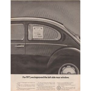 1971 Volkswagen Beetle Bug Left Side Rear Window Sticker Price Print Ad 1970